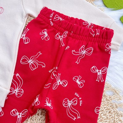 Conj. Casaco de Moletom We Are Happy e Calça Legging Laços - Areia e Vermelho